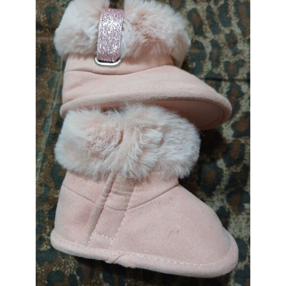 First Steps New Born O-3 M Pink Baby Booties Faux Fur easy closure sparkle - Picture 3 of 6